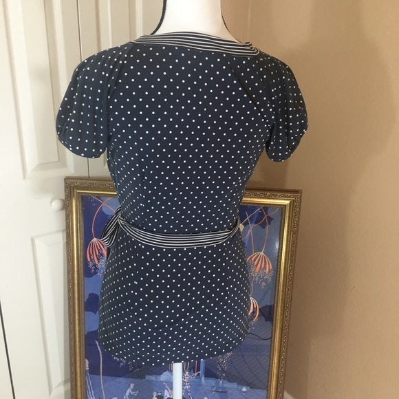 BCBG Max Azria gray blue & white faux wrap blouse - Picture 2 of 6